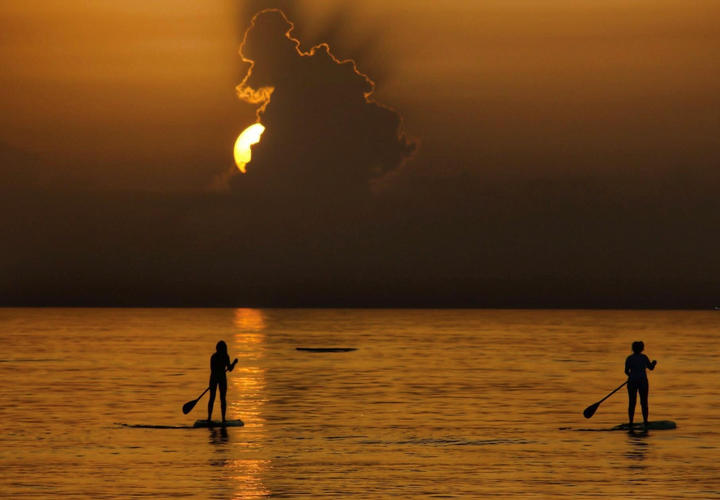 two people paddleboarding at night on the ocean