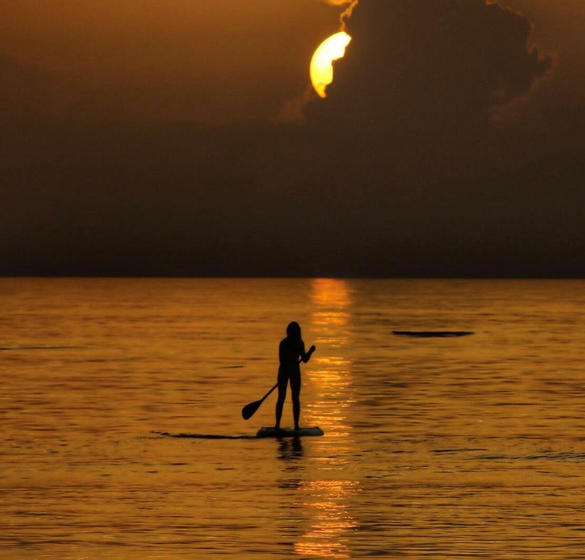 Person paddleboarding during sunset