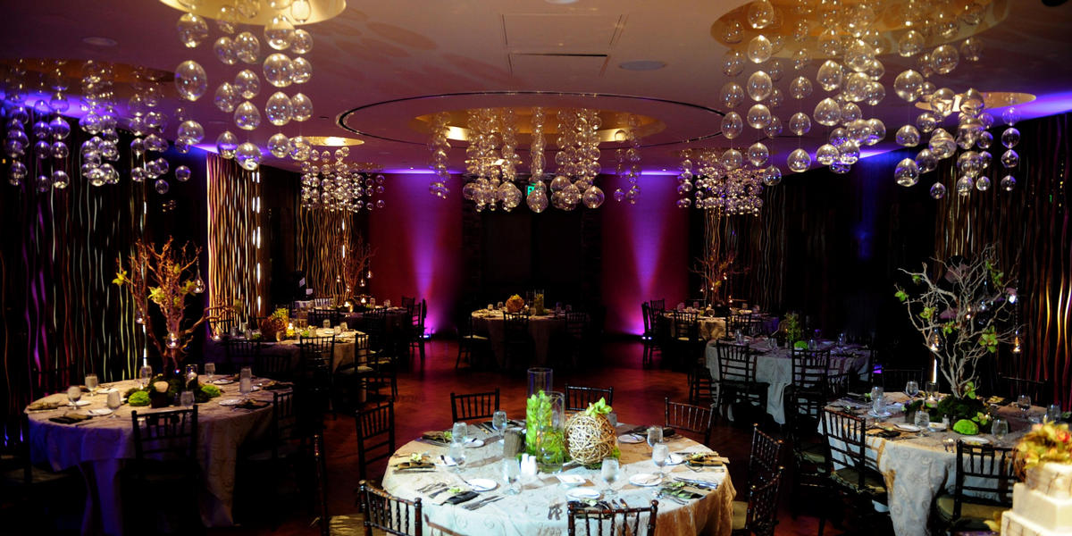 Event space decorated for a wedding