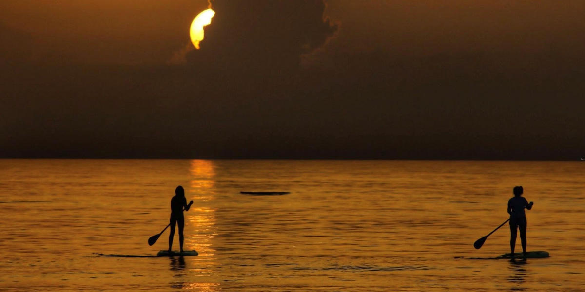 Two people padding boarding during sunset